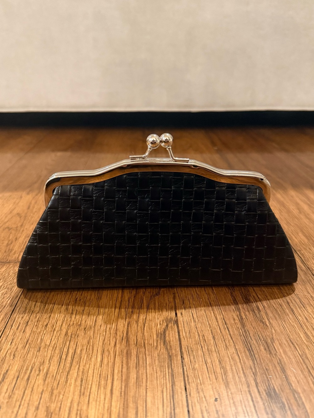 Bijoux Terner Classic Black Woven Faux Leather Evening Clutch